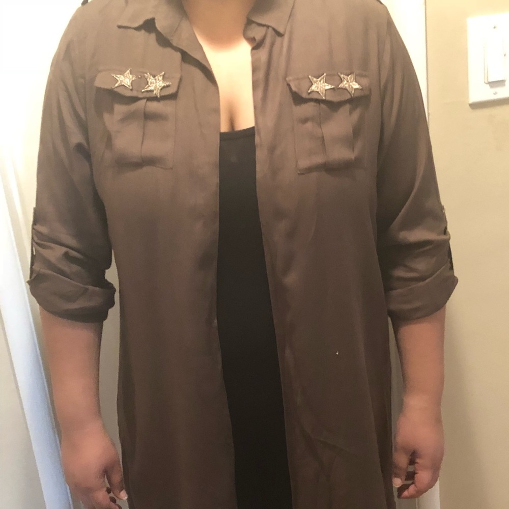 Long military green duster